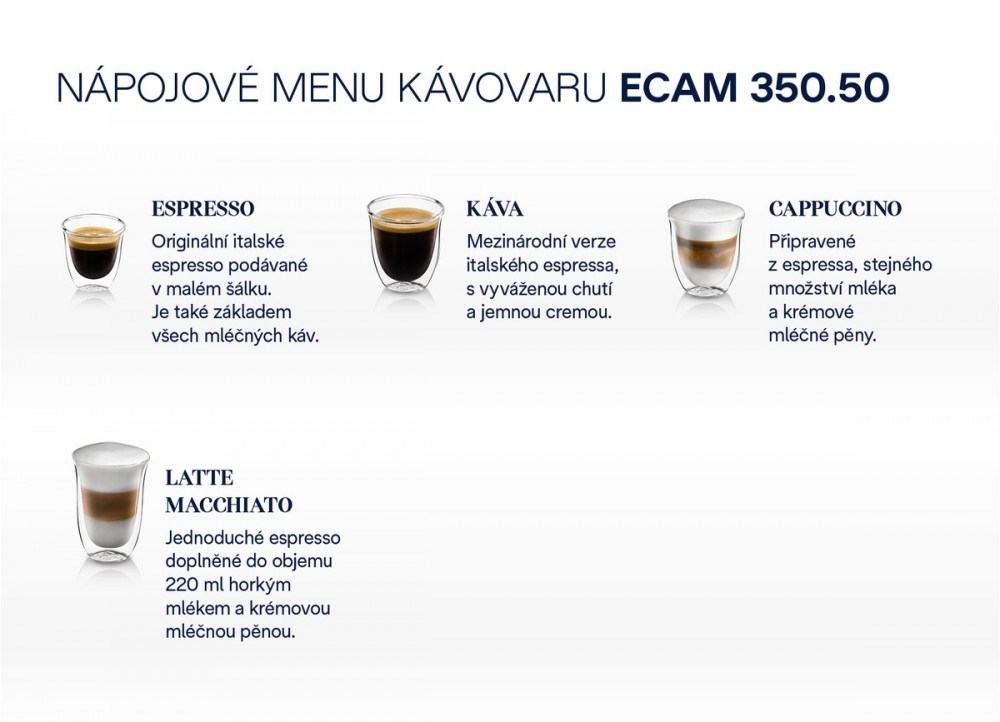 DeLonghi ECAM 350 50SB různé kávové nápoje